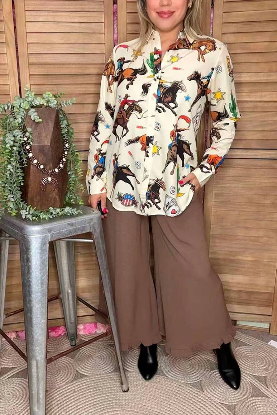 NEW SOUTHERN STITCH western pattern long sleeve shirt - plus in beige